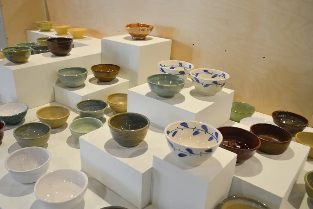 Handmade ceramic bowls displayed at the Art Gallery of Burlington
