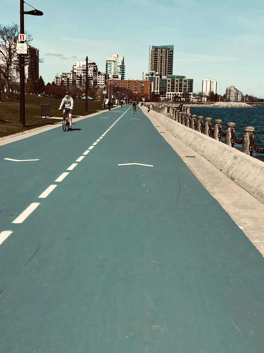 People walking and cycling along Burlington’s lakeside waterfront path